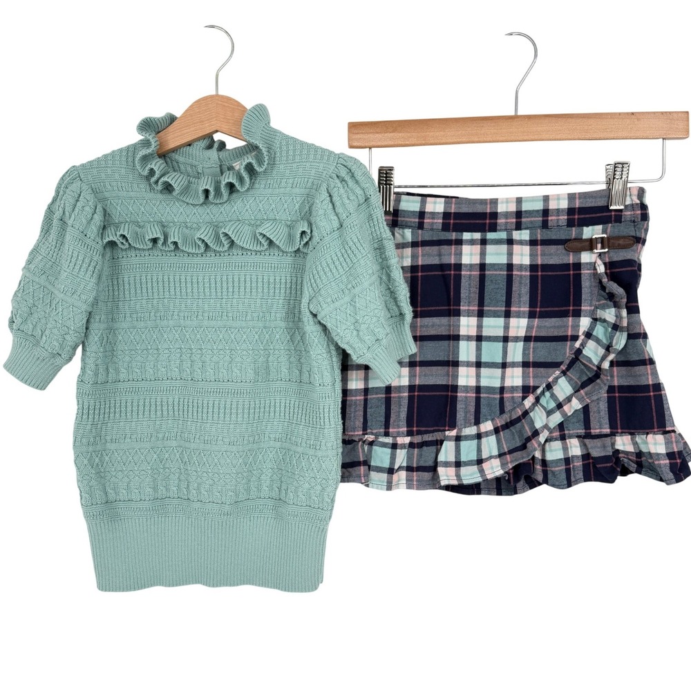 Janie and Jack Girl's‎ Knit Sweater Ruffle Top and Plaid Skirt Sz 7 Outfit